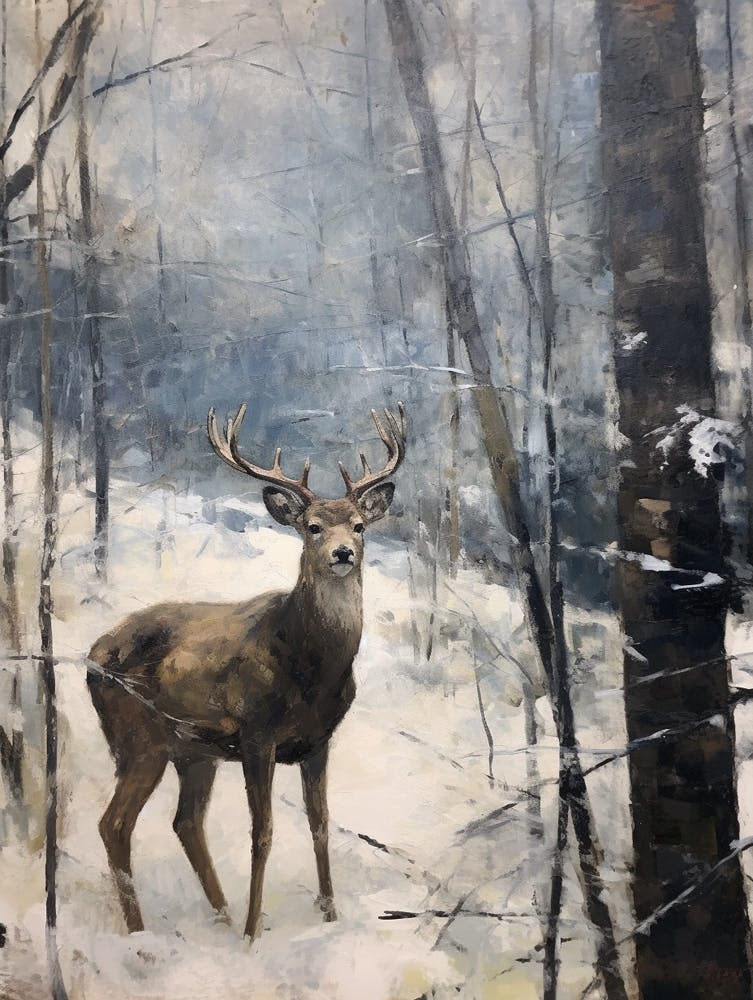Vintage Winter Animal Painting Black Tailed Deer 3