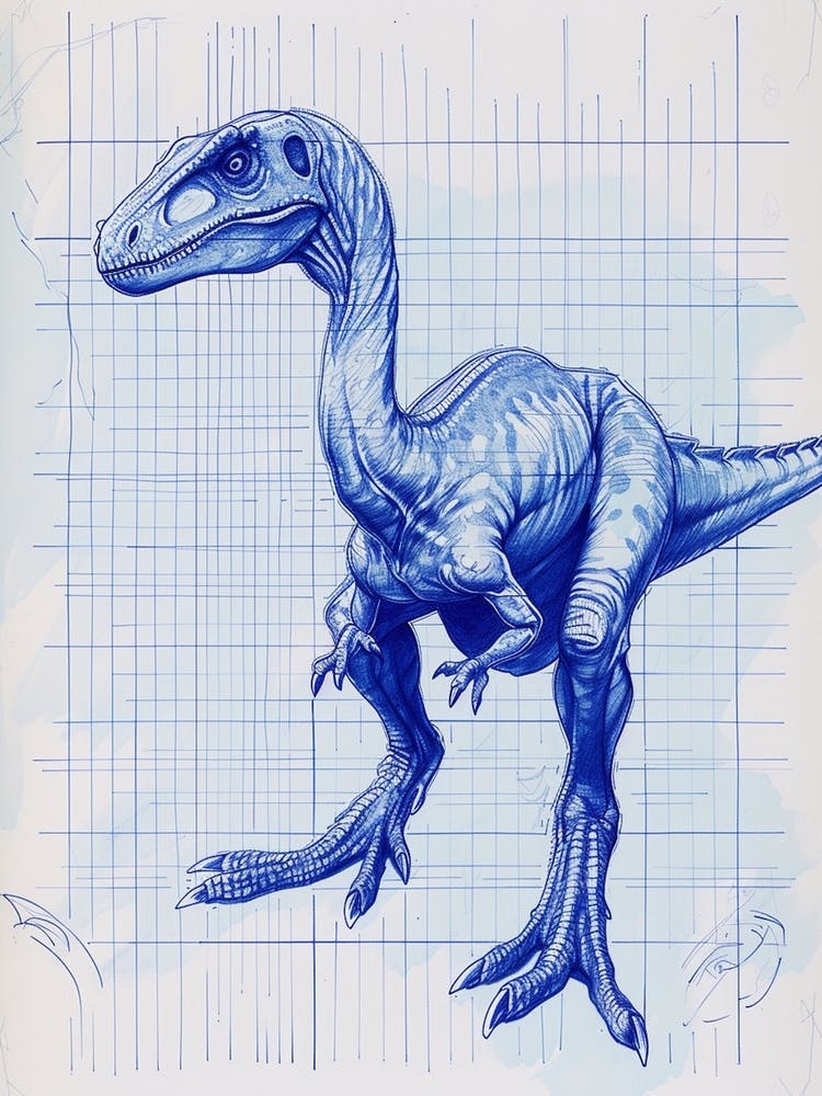 Oviraptor Dinosaur Blue Print Style Sketch