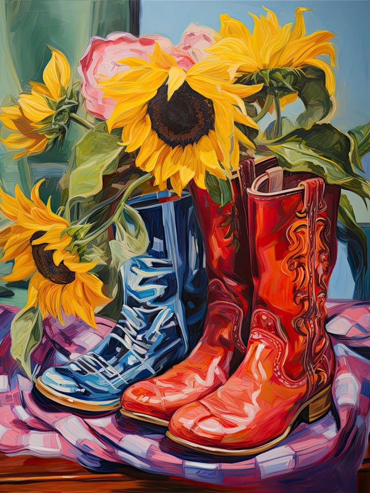 Oil Painting Of Sunflower Flowers And Cowboy Boots, Oil Style 2