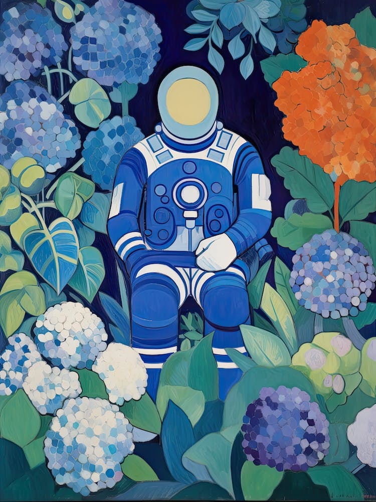Astronaut Surrounded By Royal Blue Hydrangea Flower 4