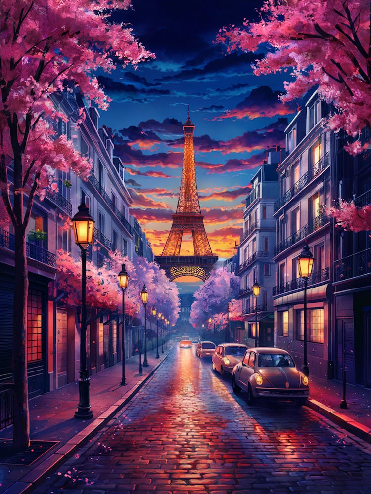 Lofi Anime Art: Serene Paris street at sunset, with the Eiffel Tower in the distance. Pink cherry blossoms frame the glowing windows and streetlights, creating a nostalgic, romantic ambiance.