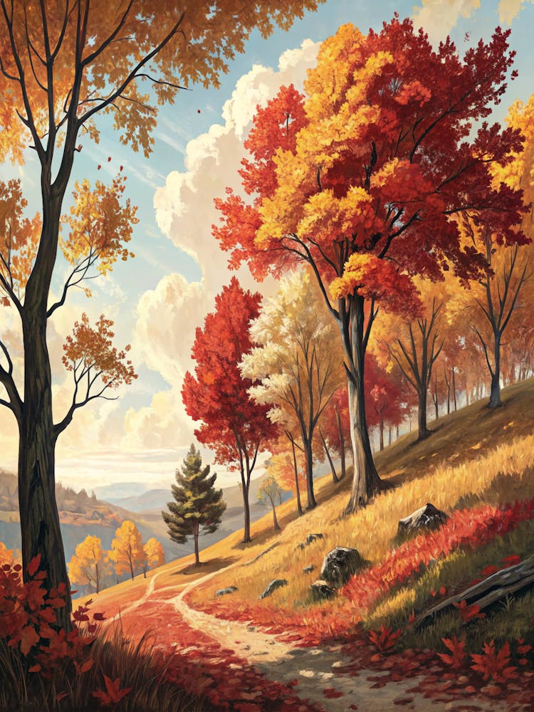 Oil Painting Style Wooded Hill In Autumn