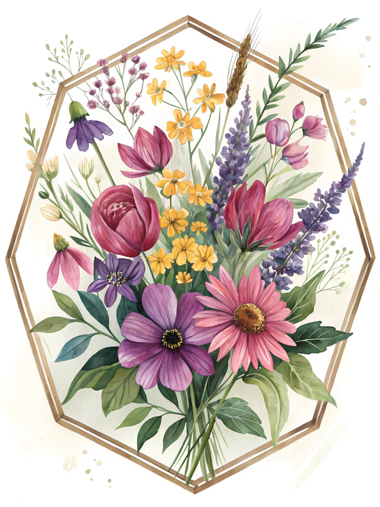 Modern Wildflower Bouquet in a Geometric Frame Oil Painting Style
