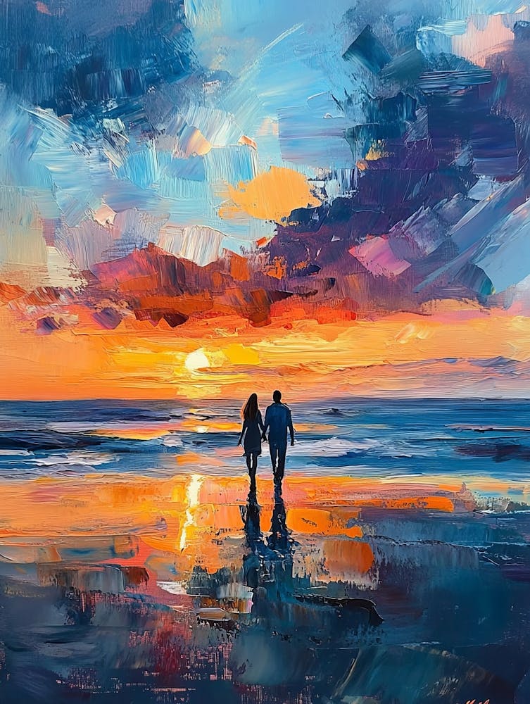 Couple Walking On The Beach At Sunset