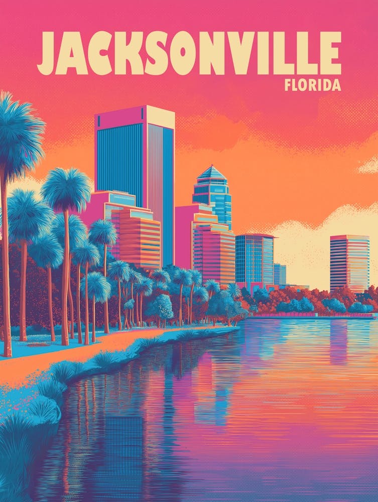 Jacksonville Florida Vintage Travel Poster – Retro Cityscape & Palm Tree Art