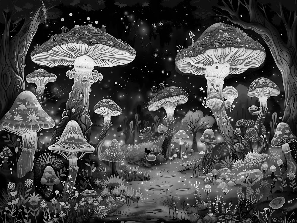 Black And White Mushroom Forest