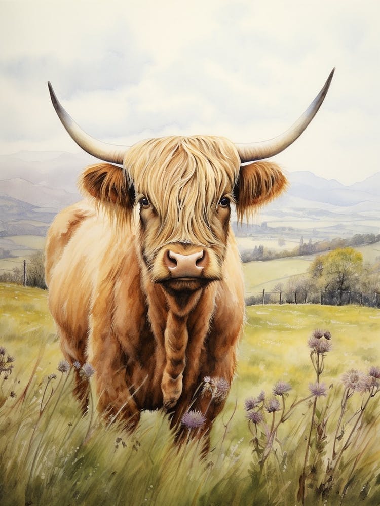 Vache Highland Avec Collines Ondulantes Aquarelle 4