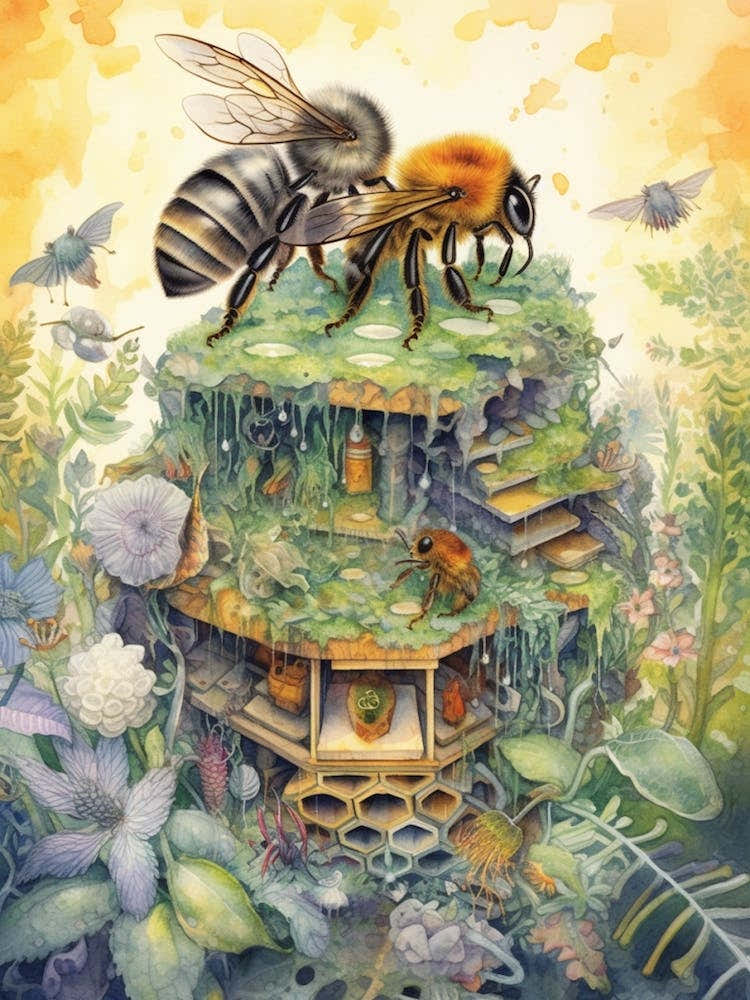 Hedgehogging Mining Bee Beehive Watercolour Illustration 4