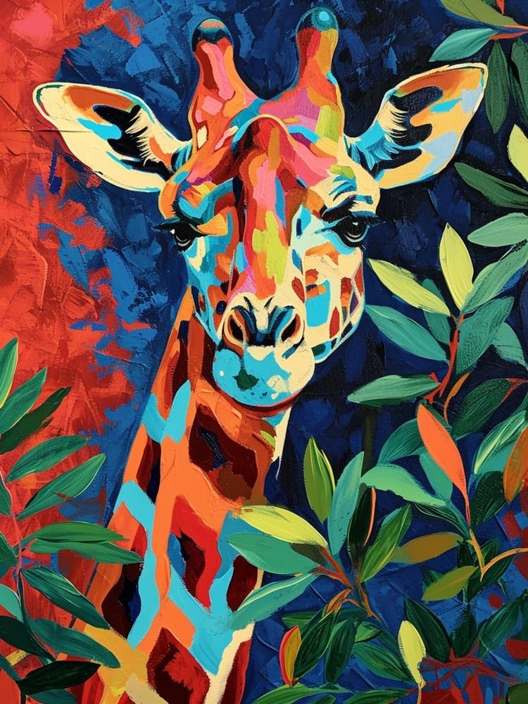 Colourful Giraffe In The Leaves Oil Painting Inspired 2