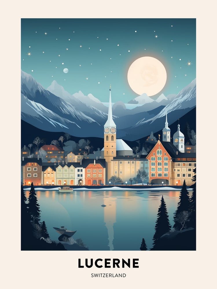 Winter Night  Travel Poster Lucerne Switzerland 2