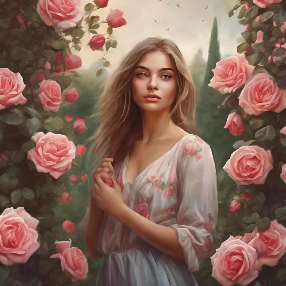 Wall painting of a beautiful girl in a rose garden