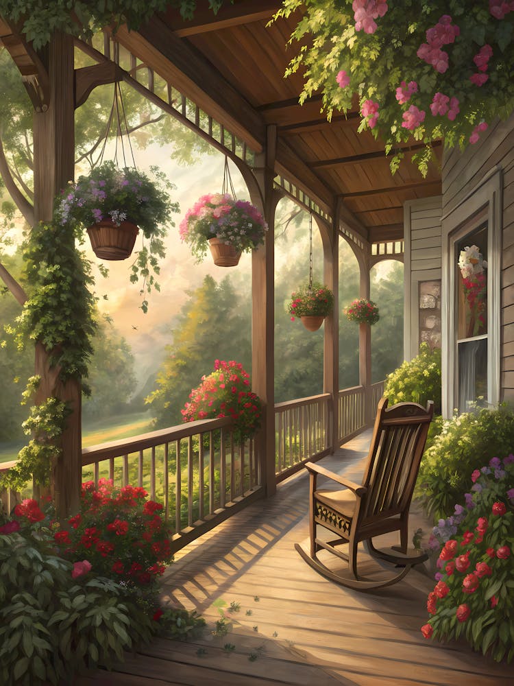 Oil Painting Style Idyllic Porch Retreat Cozy Outdoor Living with Hanging Flowers