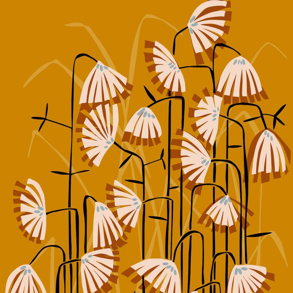 Linocut Flower Meadow Mustard Yellow Square