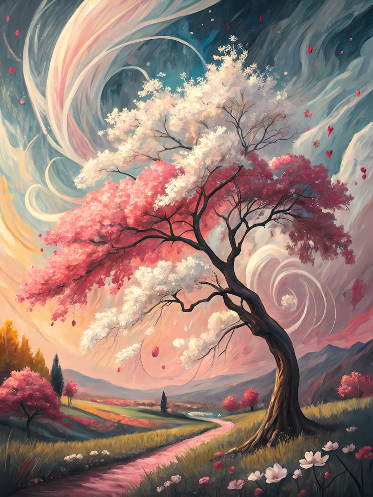 A Blooming Cherry Blossom Tree Oil Painting Style