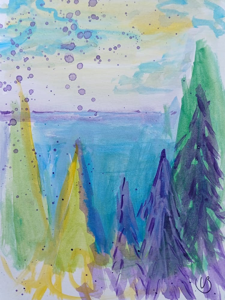 Watercolor Pine Trees - Purple Yellow Blue