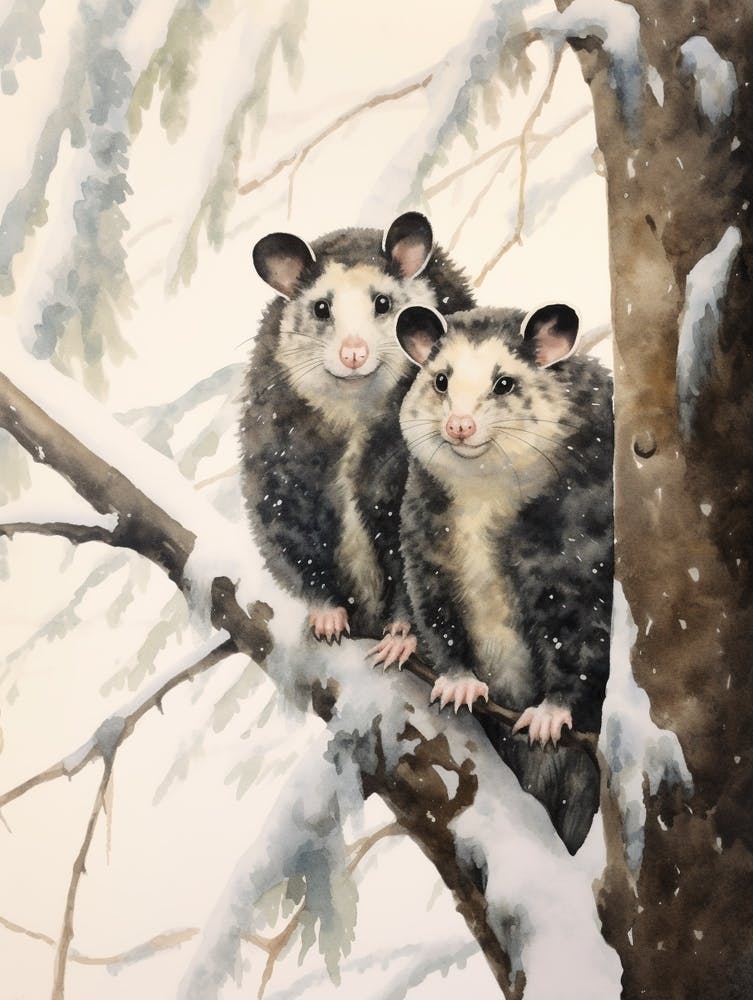 Winter Watercolour Opossum 1