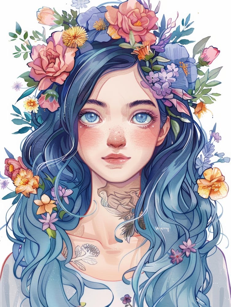 Fille aux Cheveux Bleus et aux Fleurs 1