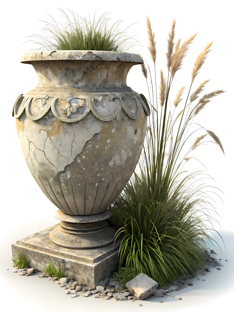 Aged Stone Urn Garden Decor with Wild Grass