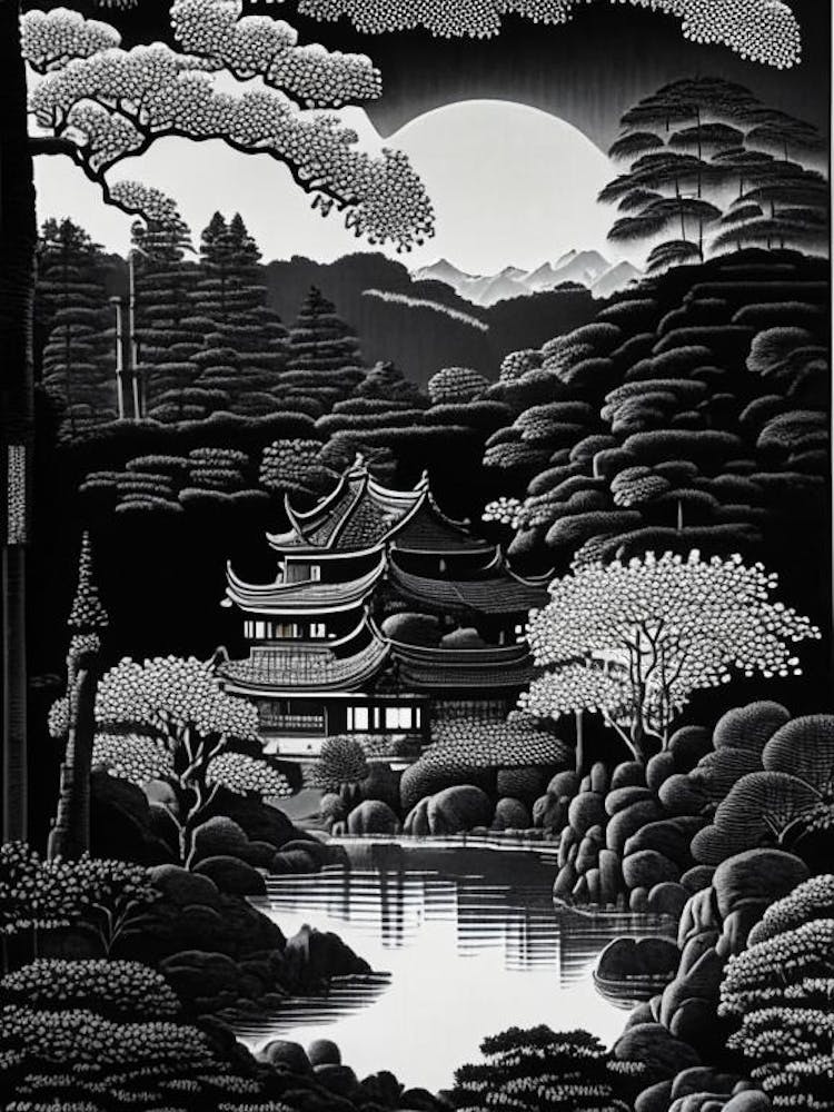 Ginkaku Ji, 1, Japan Linocut Black And White Vintage