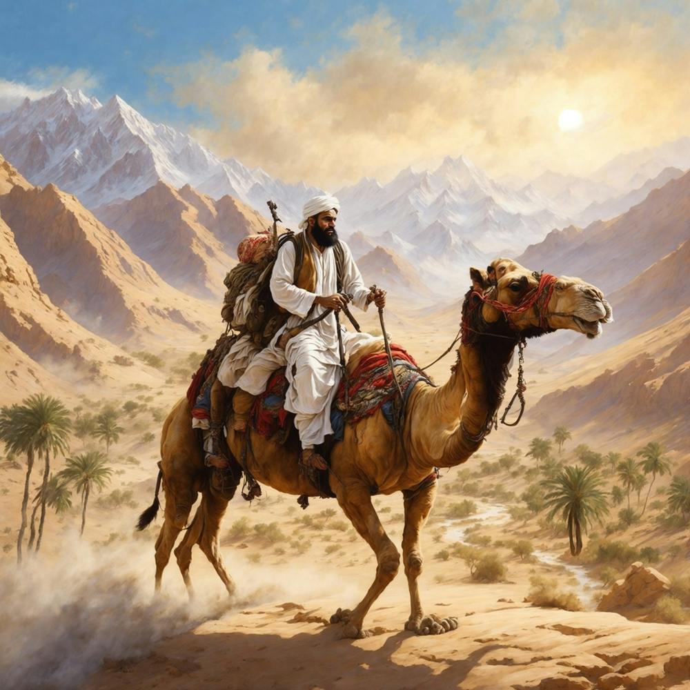 An artistic painting of a Muslim fighter riding a camel in a beautiful and picturesque scene
