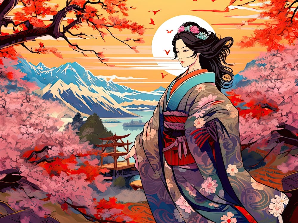 Ukiyo E Mount Fuji Japan Geisha Colour 6
