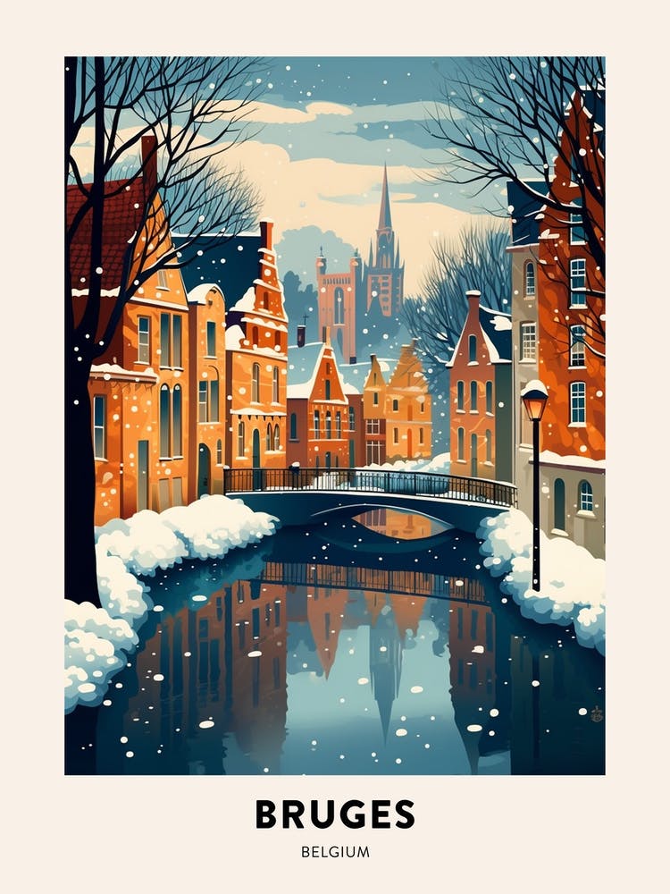 Winter Night  Travel Poster Bruges Belgium 1