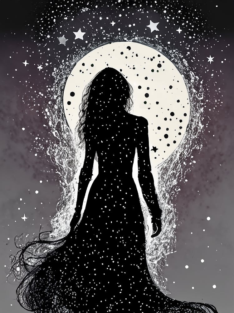 Celestial Silhouette of a Woman Under the Moon