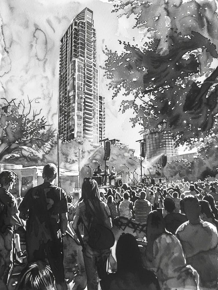 Live Music Scene Austin Texas Black And White Watercolour 1