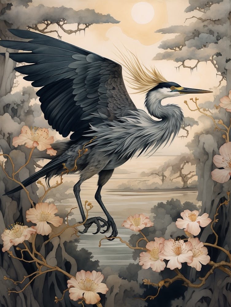 Grand Héron Bleu 2 - Peinture aux Détails Dorés