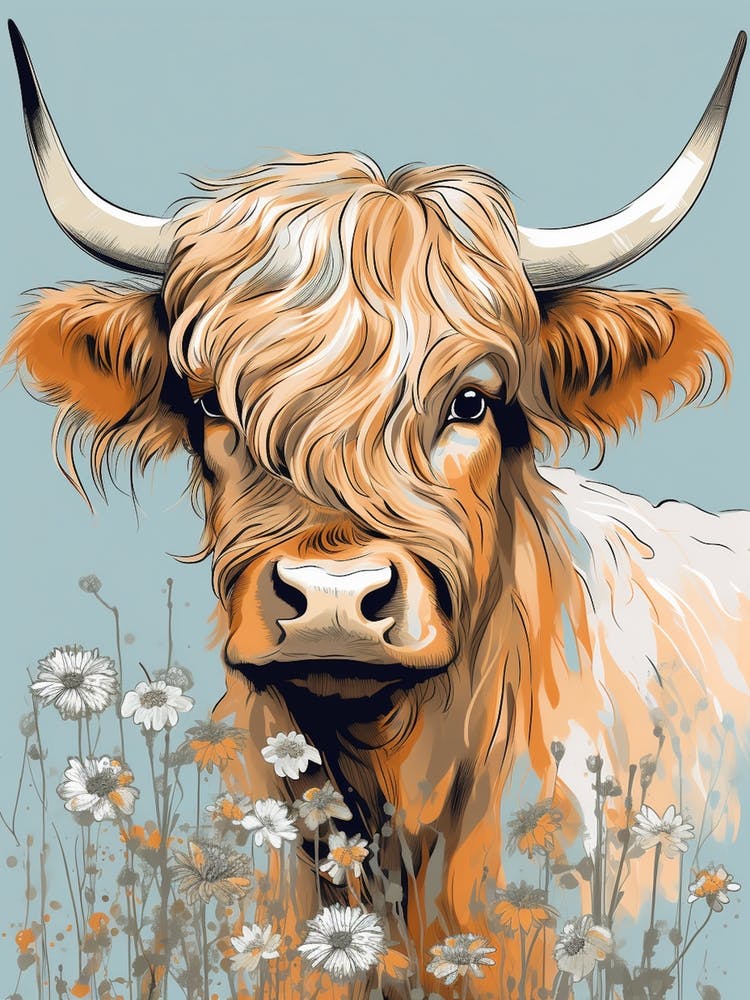 Chalk Blue Floral Portrait Of Highland Cow