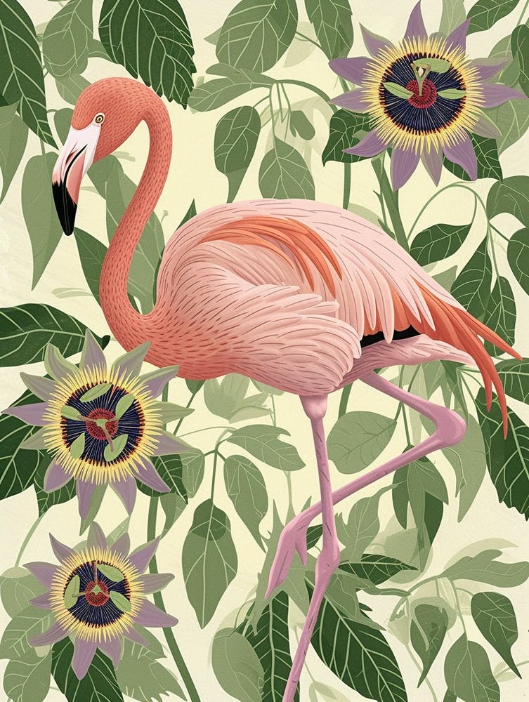 Andean Flamingo And Passionflowers Minimalist Illustration 1