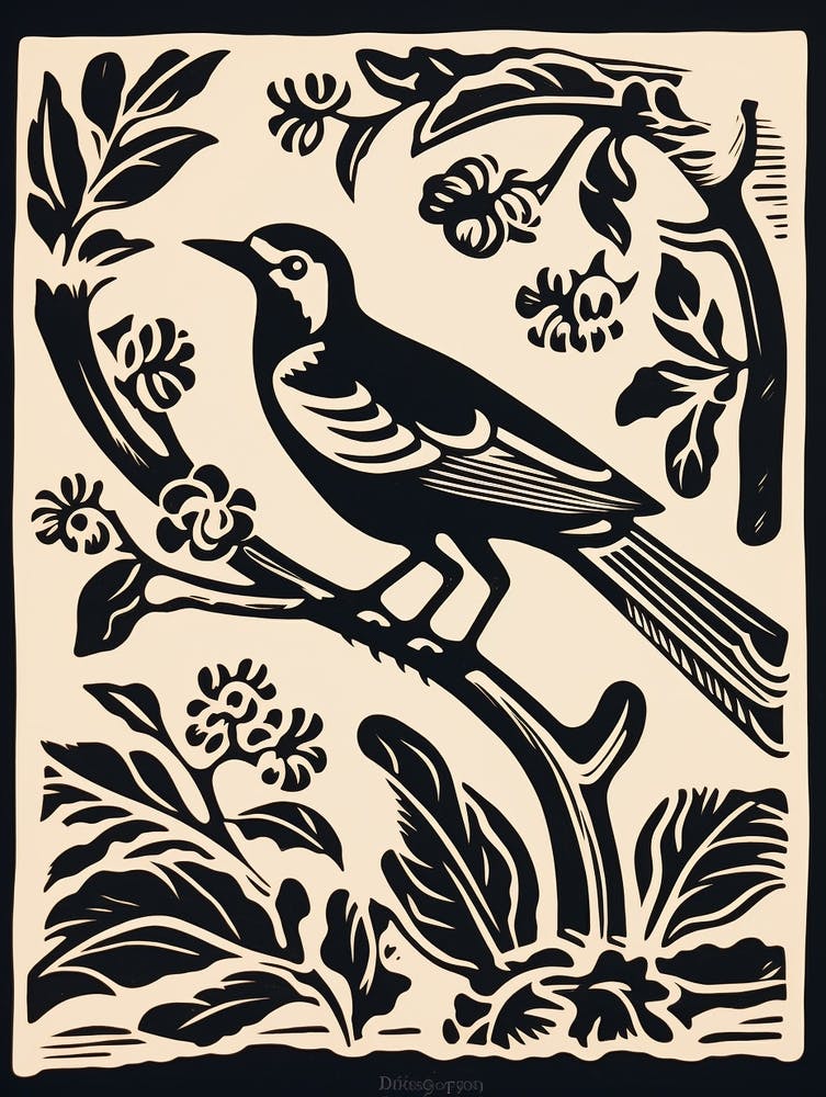 B&W Bird Linocut Magpie 5