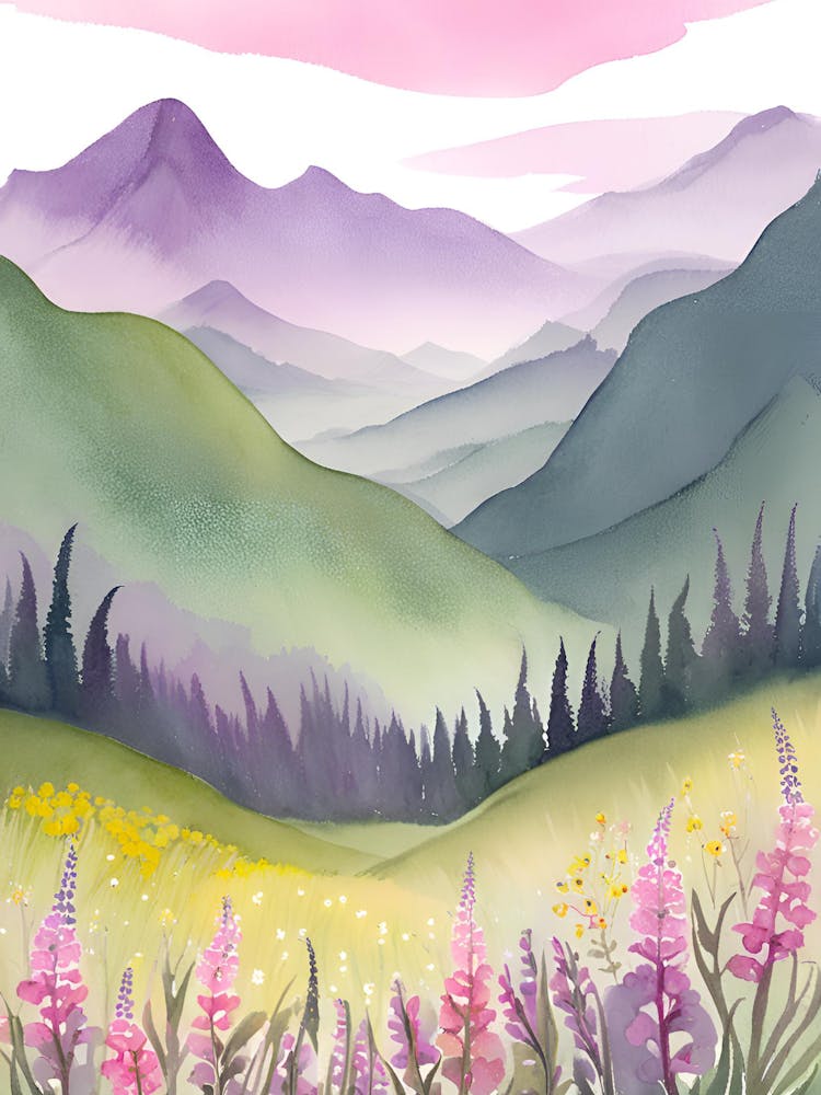 Watercolor Of Mountains And Flowers 1