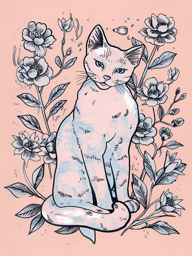 Cute Siamese Cat With Flowers Illustration 3