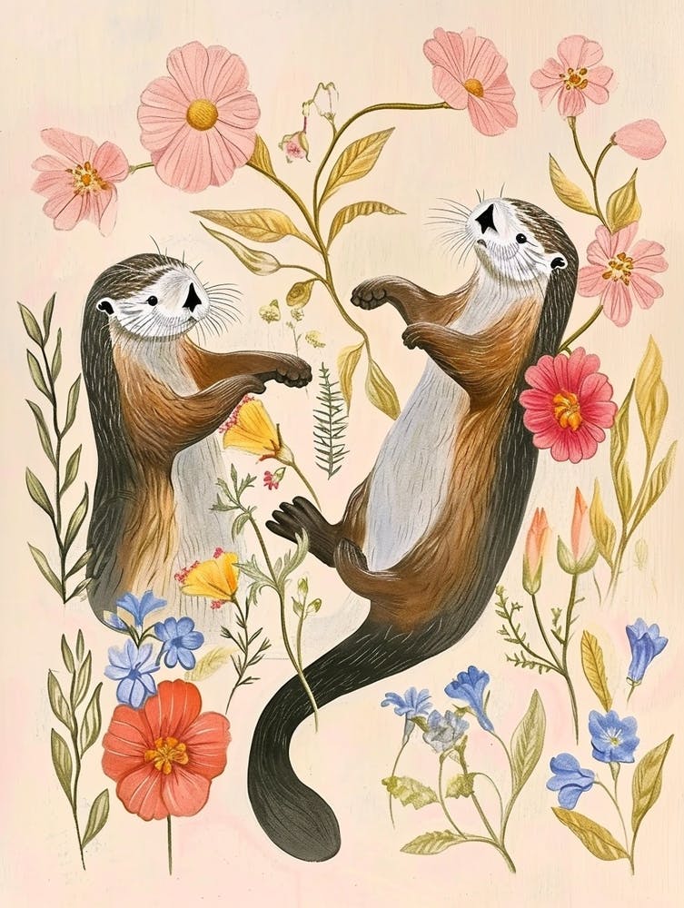Folksy Floral Animal Drawing Otter 2