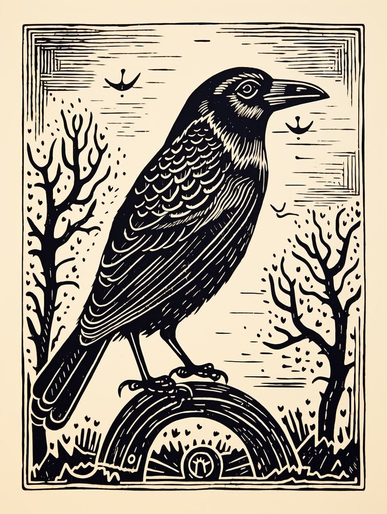 B&W Bird Linocut Crow 2