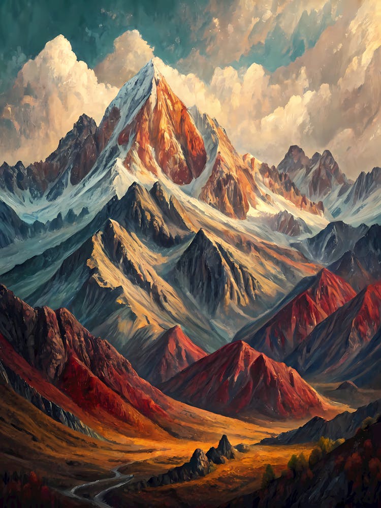 Majestic Mountain Peaks oil Painting Vibrant Landscape with Snowy Tops and Colorful Valleys