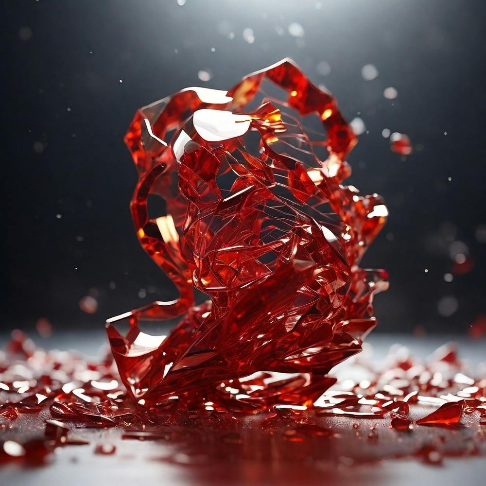 Prompt details  ultra detailed shot of a shattering sculpture made of red glass in a female shape, full body zoomed, ((red glitter floating 