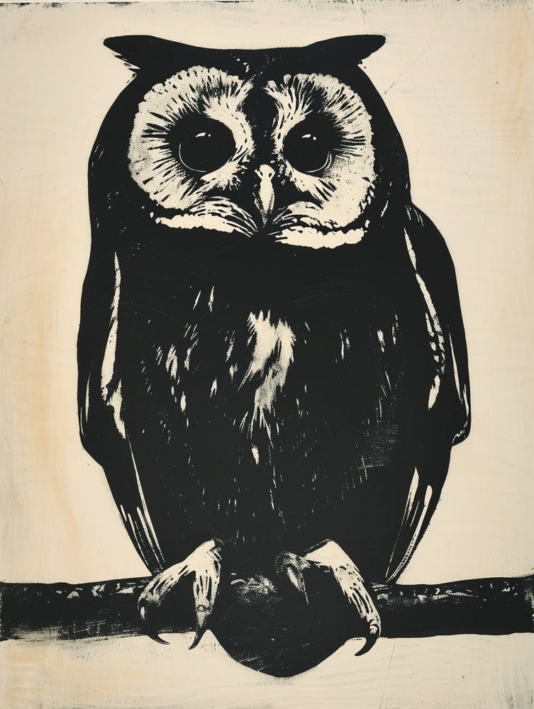 African Wood Owl Linocut Blockprint 2