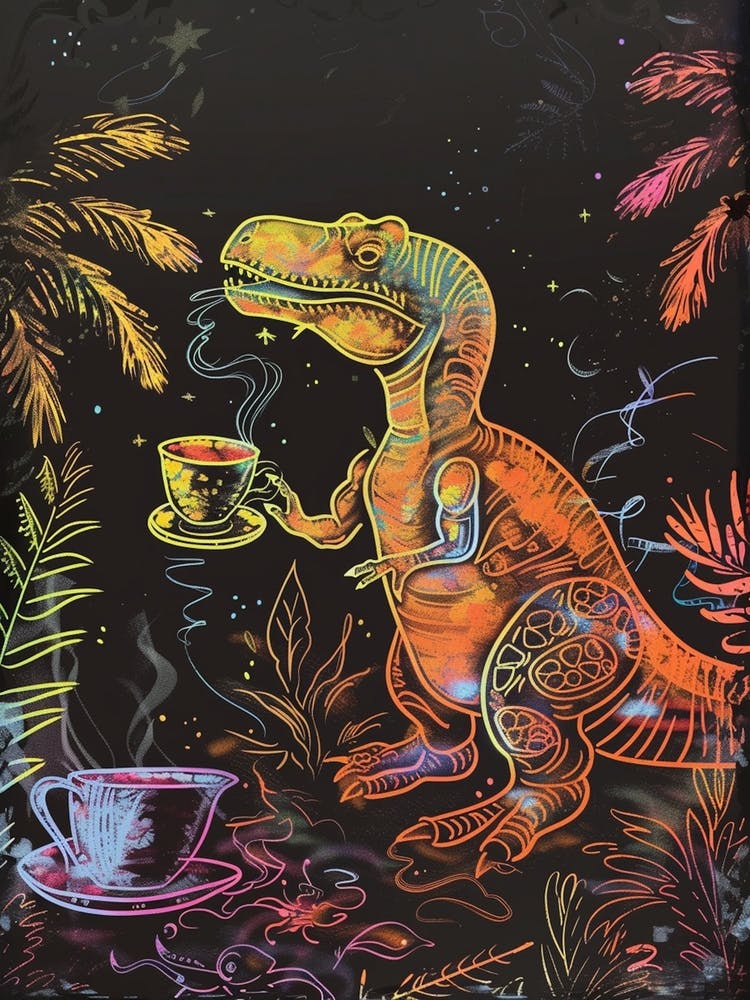 Neon Yellow Dinosaur Drinking Tea