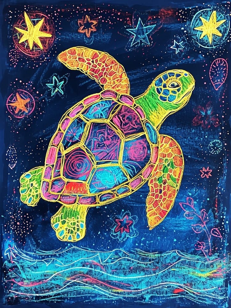 Sea Turtle At Night Crayon Drawing 1