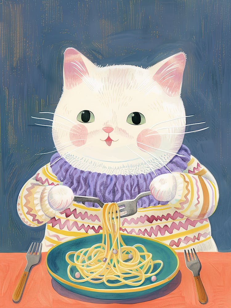 White Cat Pasta Lover Folk Illustration 2