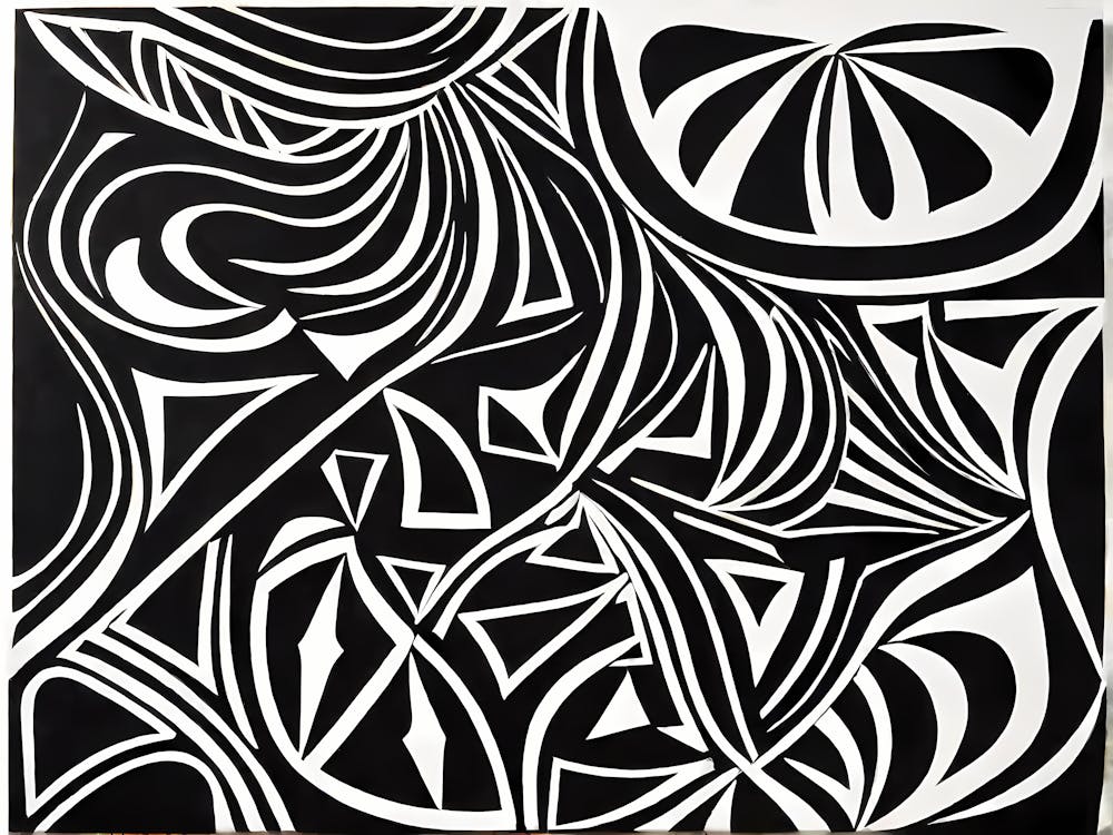 Retro Inspired Linocut Abstract Shapes Black And White Colors art, 183