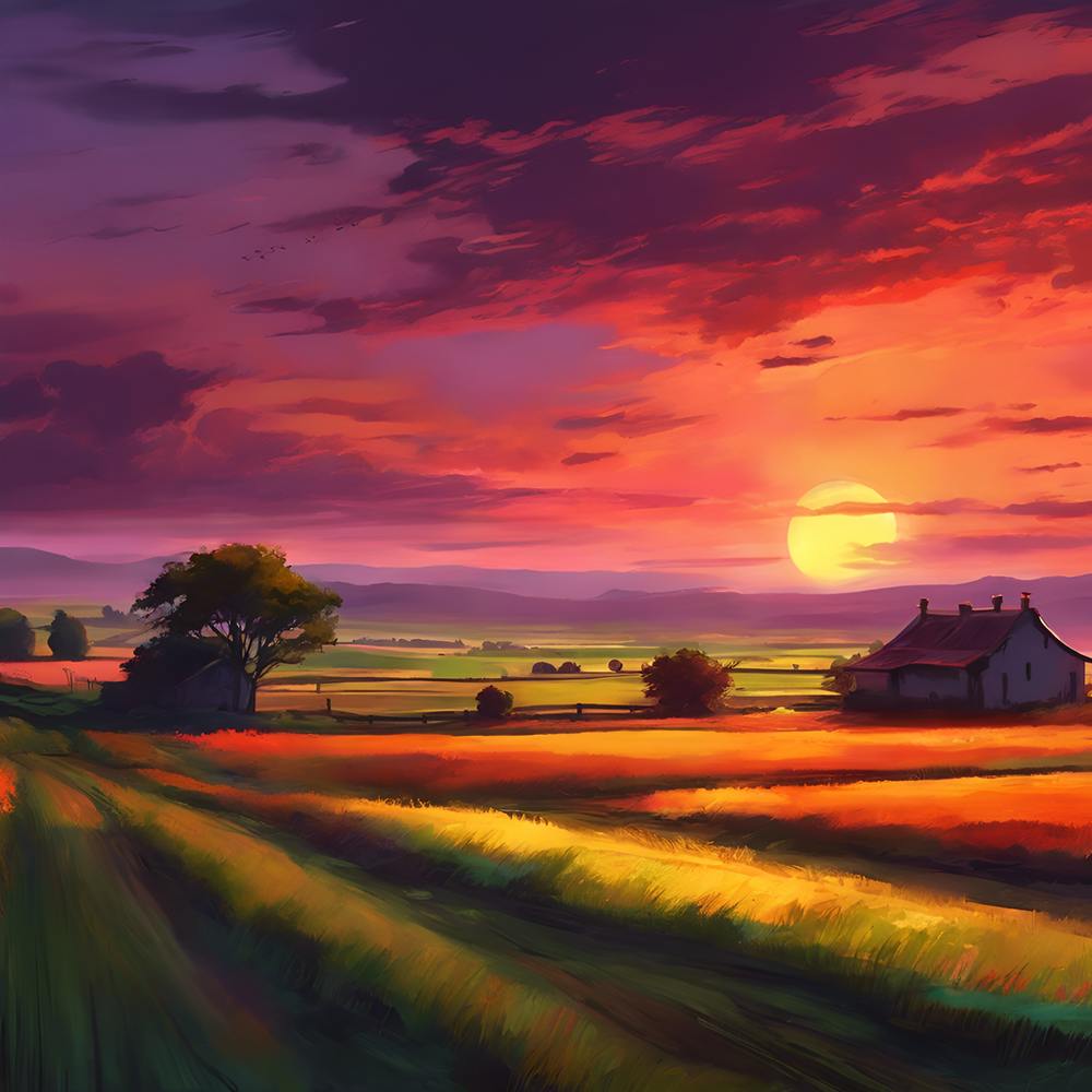 Eine malerische Landansicht, Sonnenuntergang auf der Devonshire Farm