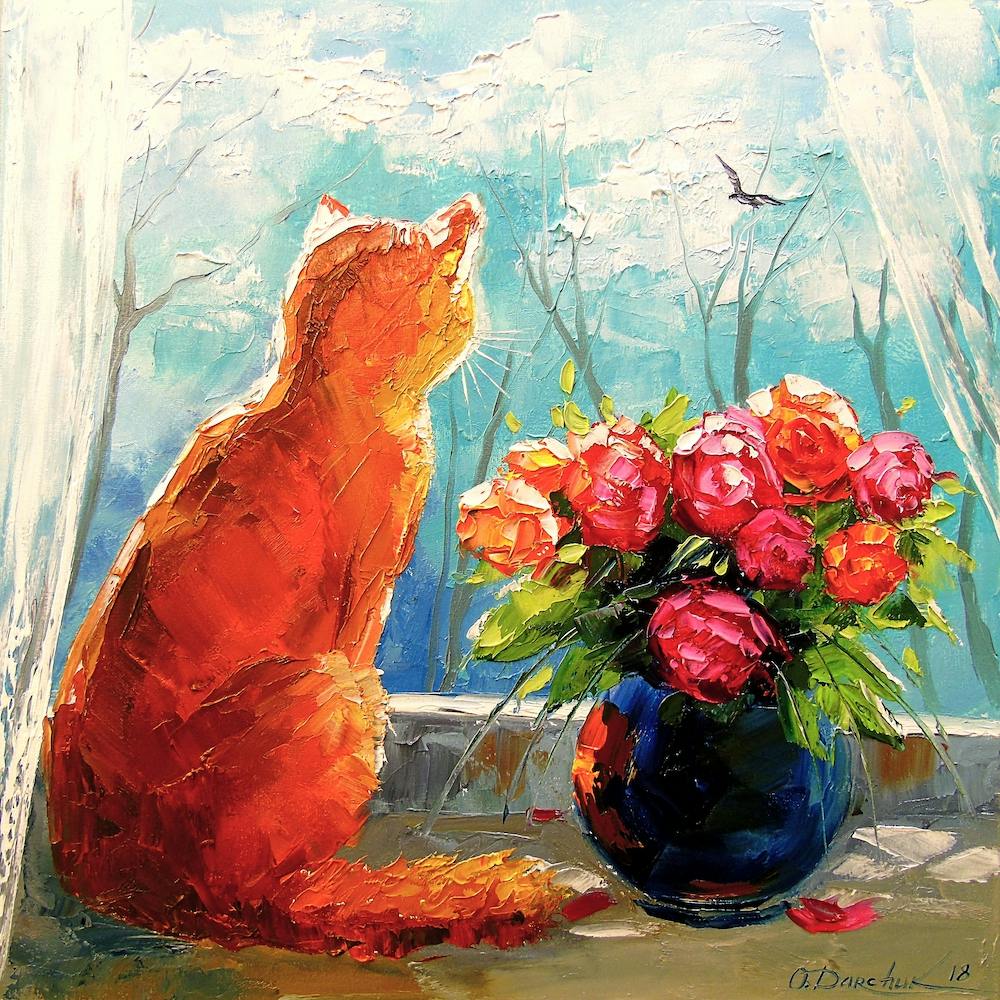 cat and roses