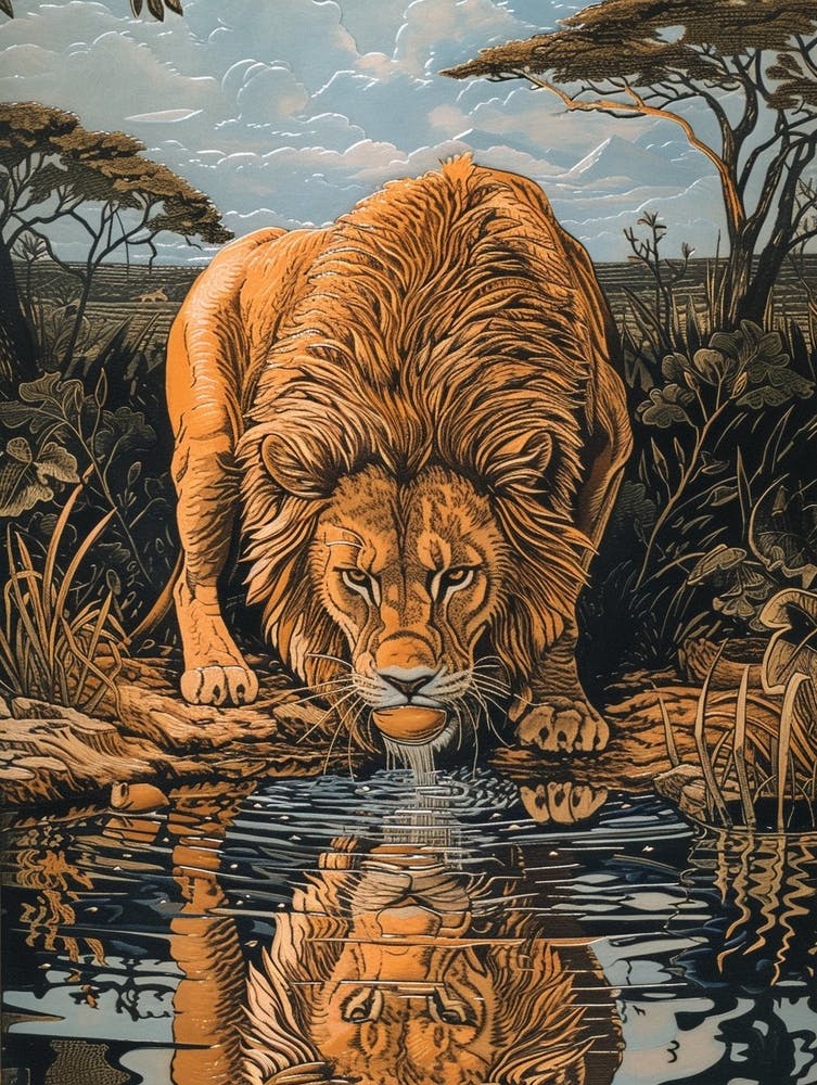 African Lion Relief Illustration Drinking 2