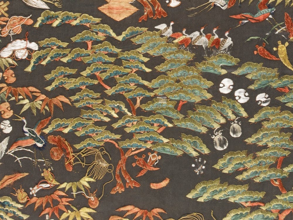 Textile Fragment With Pattern Of Pine, Cranes, And Auspicious Symbols
