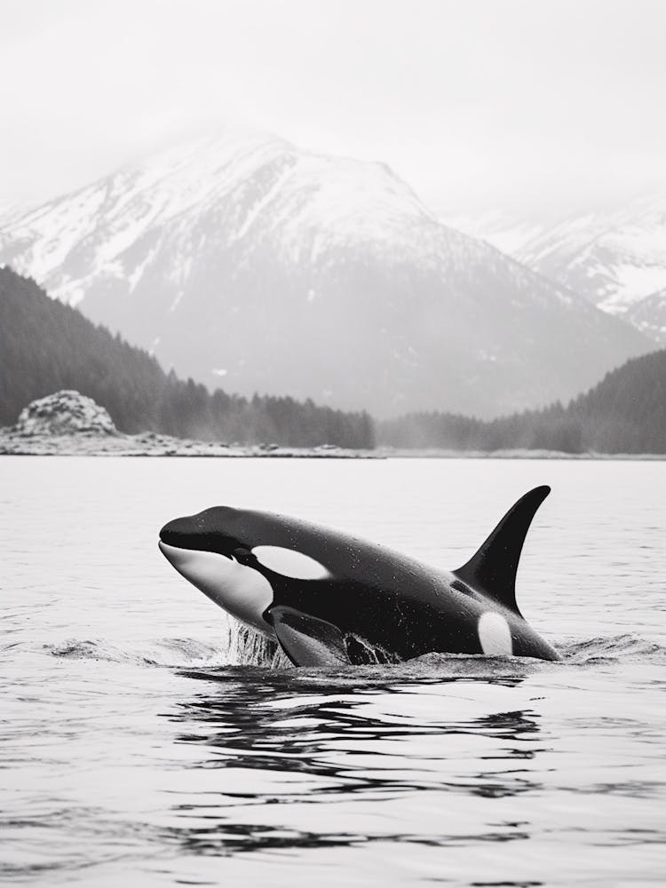 Icy Mountain In Distance With Orca Whale Coming Up For Air