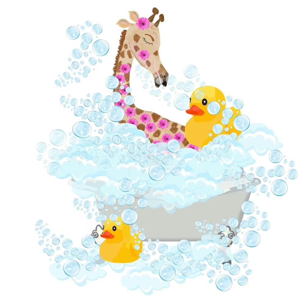 Giraffe and rubber ducks in the bath