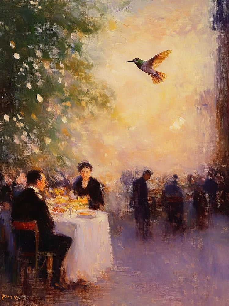 Impressionist Oil Painting Depicting A Street Cafe Where People Rest Together